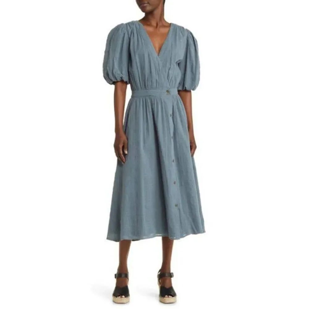Treasure & Bond Puff Sleeve Cotton Wrap Dress in Blue Weather
